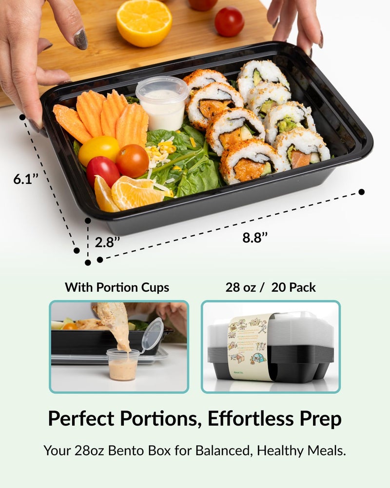 Enther [20 Pack] Single 1 Compartment Meal Prep Containers with Lids, Food Storage Bento Box with Portion Cups, BPA Free, Reusable Lunch Box, Microwave/Dishwasher/Freezer Safe, Portion Control, 28oz - Image 2
